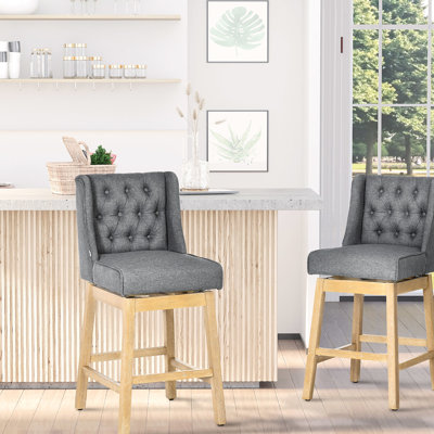 Bar Height Stool 2, 30" Seat, 180 Degree Rotation, Grey, Solid Wood Footrest, Button Swivel Stools, 2 , Seat Height, Grey With Footrest And Pad Upholstery Cover