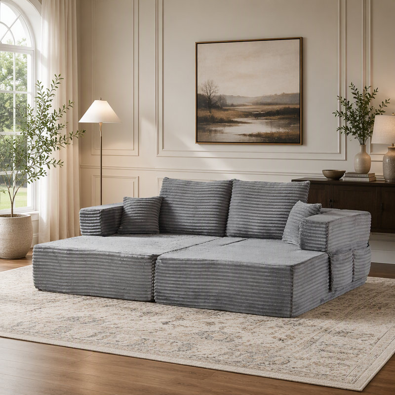 Canapé d'angle modulaire, Forme en L, Velours côtelé gris