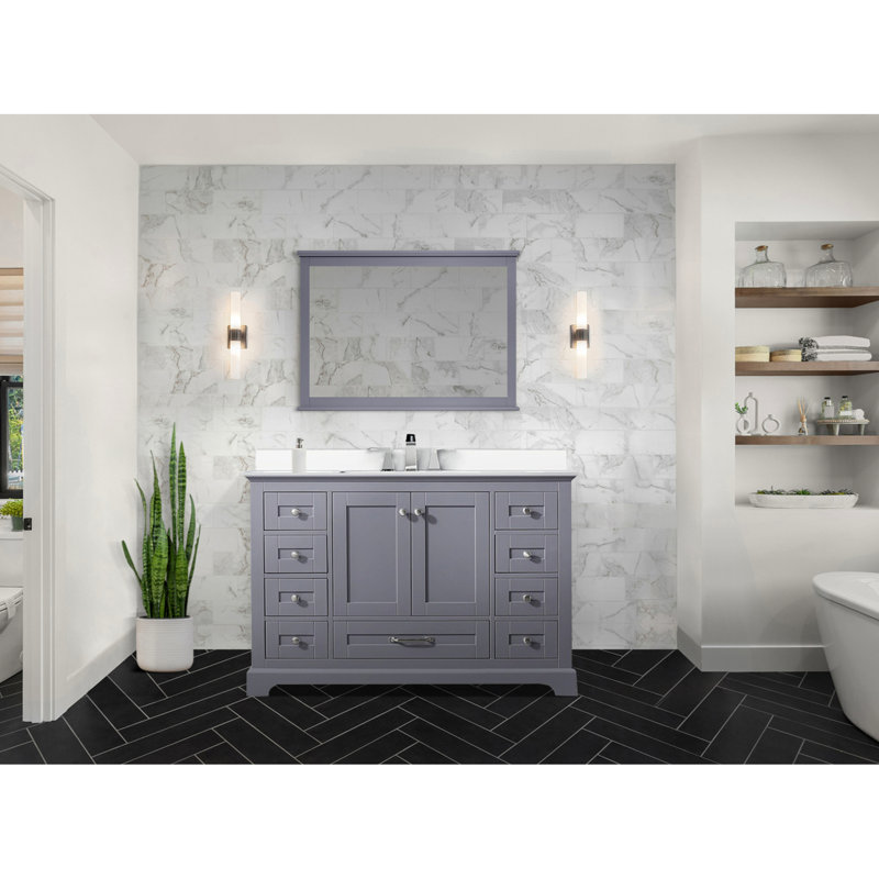 48 po De salle de bain gris foncé avec comptoir en quartz blanc, robinet, 46 miroirs et teinture, robinet de salle de bain