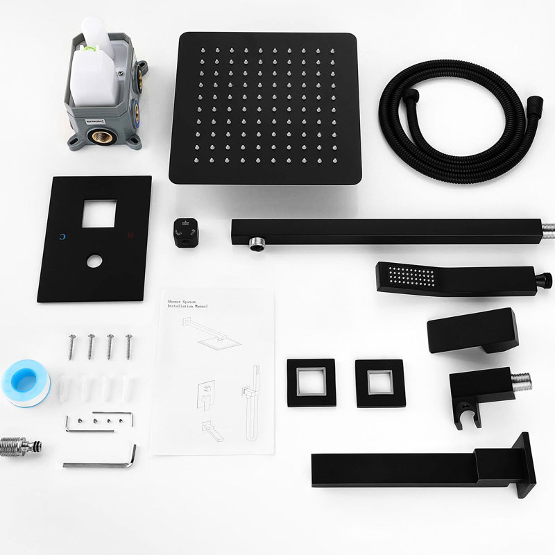 10" Rain Shower Head Wall Mount System - Matte Black, Brass & Stainless Steel Made, Air Injection Technology, Pleasurable Experience, All Accessories Included Black Mounted Head, Steel, Mixing For