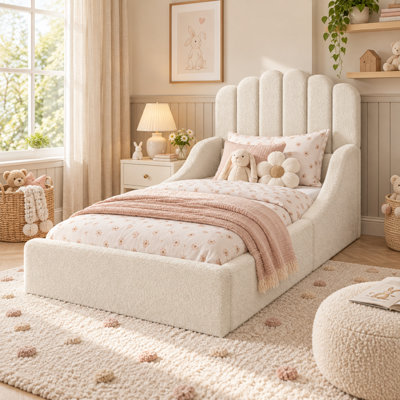 AVELOR Teddy Upholstered Floor Bed with Scalloped Headboard, Low-Profile Padded Kids Platform Bed with Slat Support