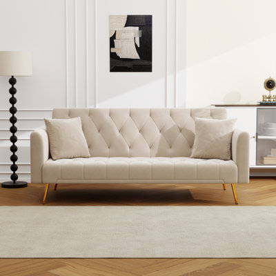 Futon de canapé-lit 71 po en velours moderne, canapé-lit convertible avec dossier réglable, causeuse inclinable capitonnée avec pieds chromés dorés et 2 coussins pour les petits espaces, salon, appartement