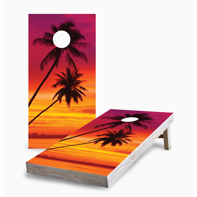 Ensemble de jeu de cornhole 2 x 4 Sunset Palm Tree | Comprend (2) planches (8) sacs et accessoires optionnels