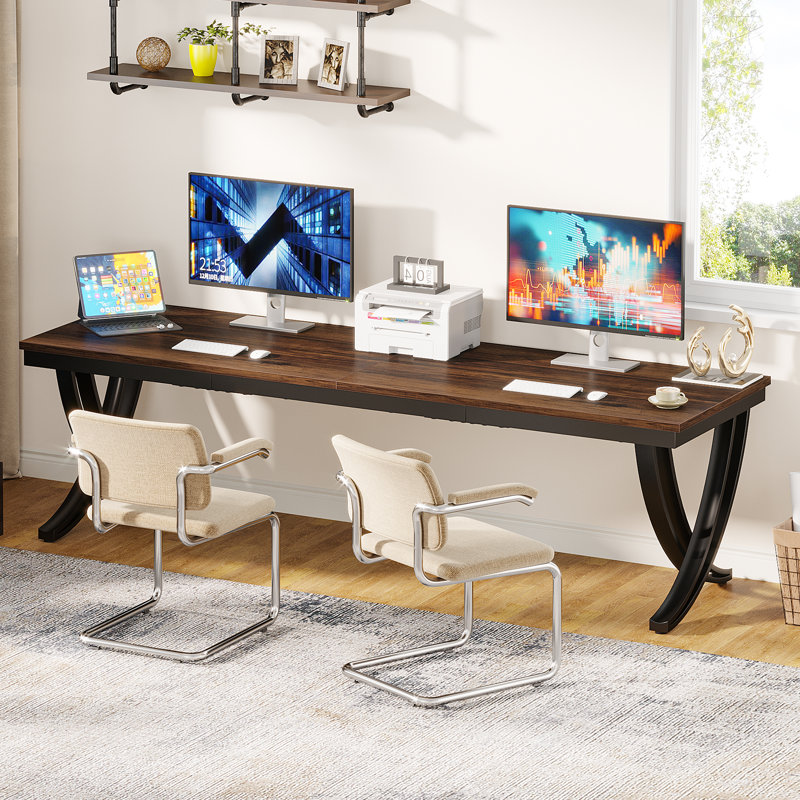  Dolliver 78.74" Extra Long Double Computer Desk With Unique Metal Legs （Only Desk), Brown/Black