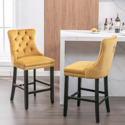 Contemporary Velvet Upholstered Barstools With Button Tufted Decoration And Wooden Legs, And Chrome Nailhead Trim, Leisure Style Bar Chairs,Bar Stools, Set Of 2