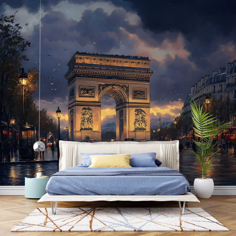 Papier peint coucher de soleil Paris Arc De Triomphe - Paysage urbain romantique avec ciel dramatique, L 144 po x l 100 po