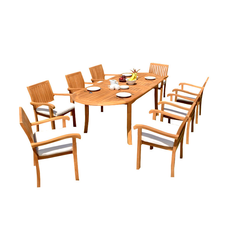 9 Pcs Grade-A Teak Wood Dining Set: 94" Double Extension Oval Table And 8 Napa Stacking Arm Chairs #11NP2208, 8