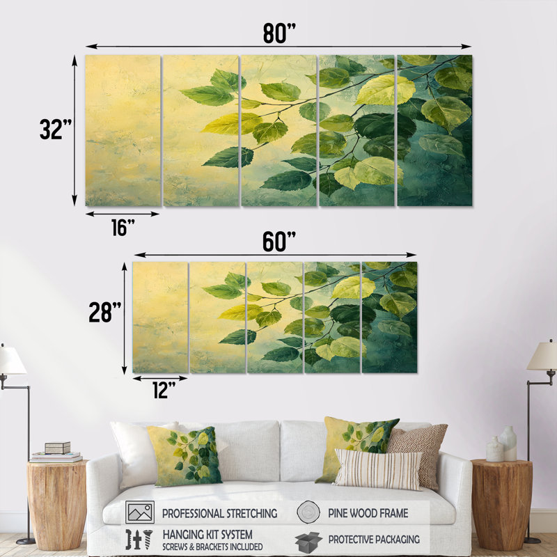 Feuilles d'été vertes - feuillage collage IV - art mural jaune - ensemble d'art mural traditionnel, H 32 po x l 80 po, 5