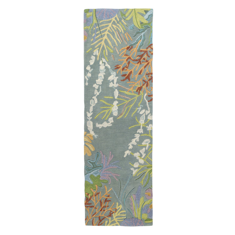 To Bay Go Floral Handmade Tufted Wool Area Rug in Blue/Green/Gray, Runner 2'6" x 8'