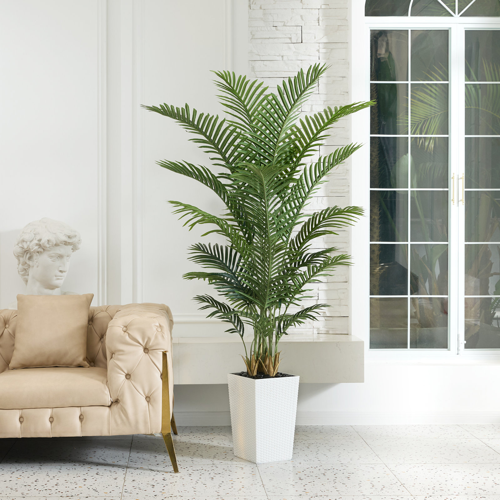 Aliza UV Resistant Artificial Palm Tree, Faux Palm Tree with Decorative Base for Indoor Outdoor, 72" H x 24" W x 24" D, White