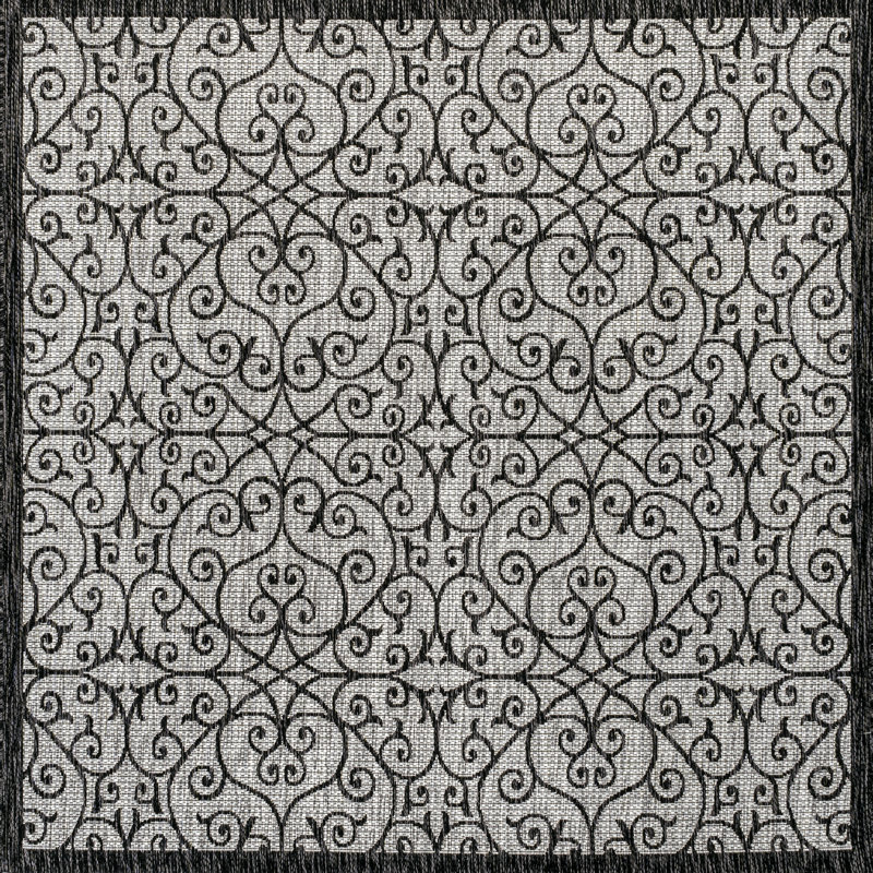Deronte Vintage Filigree Textured Weave Light Gray/Black Indoor/Outdoor Rug, Square 7'9"