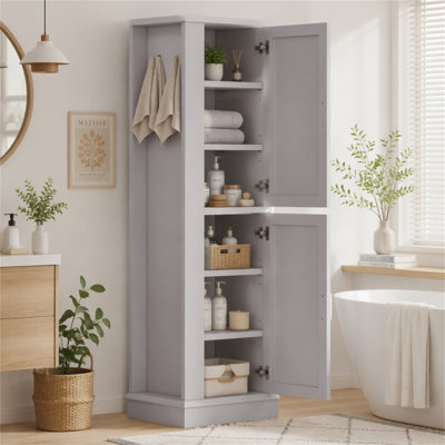 Tall Bathroom Storage Cabinet, Freestanding Storage Cabinet with Hook and Adjustable Shelf, MDF Board