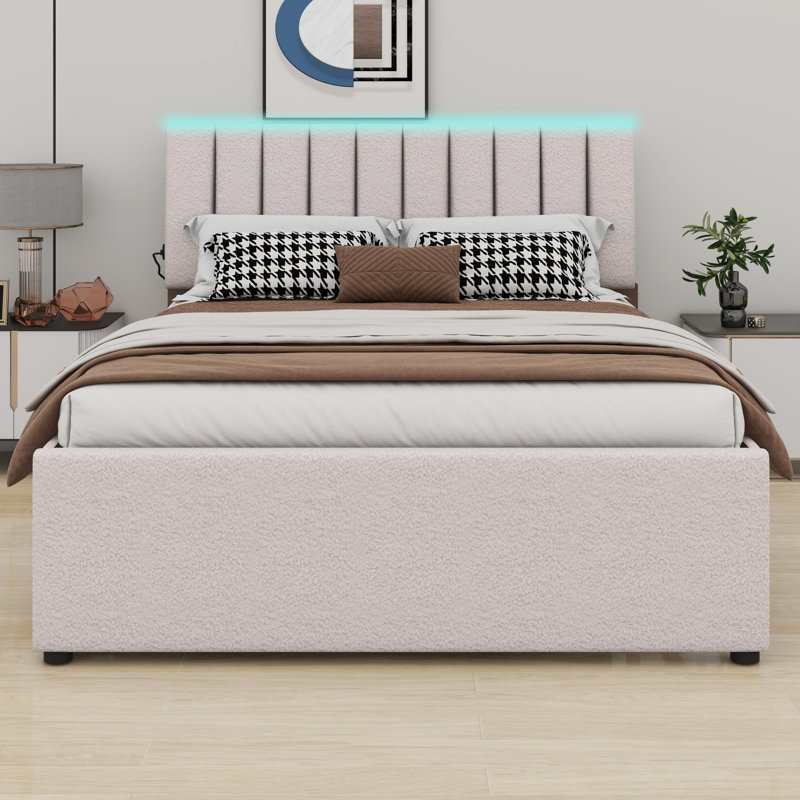 Lit plateforme tapissier avec lit gigogne, Lit double , Beige