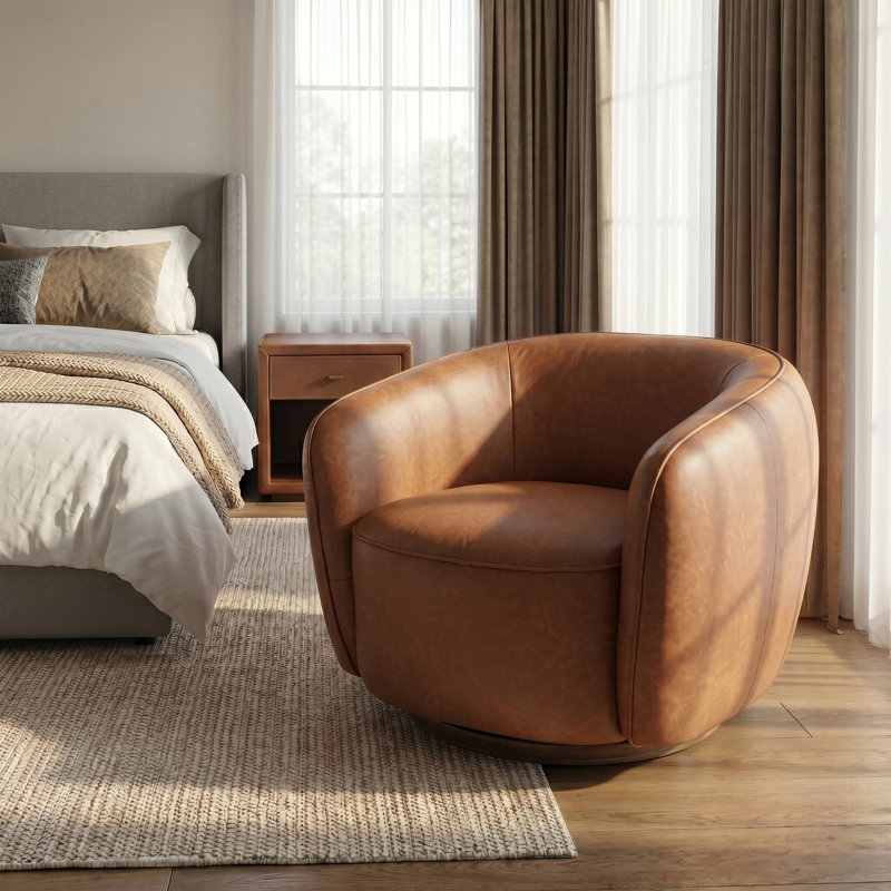 Fauteuil d'appoint pivotant en cuir véritable italien avec base en bois, entièrement assemblé, Brun
