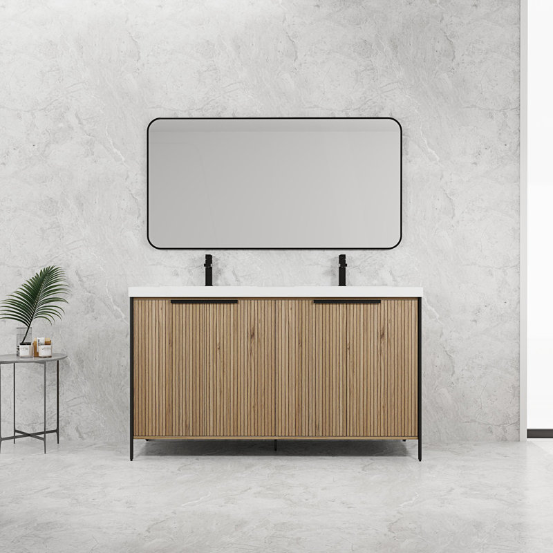 Meuble-lavabo autoportant avec double lavabo en résine et 4 portes d'armoire à fermeture en douceur