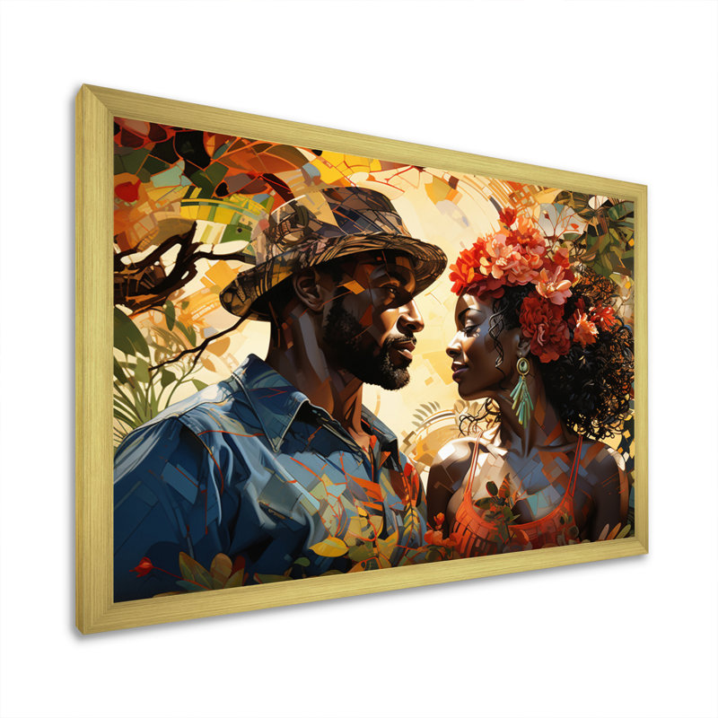 «African Couple Resilient I» - Art mural américain africain, Cadre doré simple, H 34 po x l 44 po x P 1,5 po