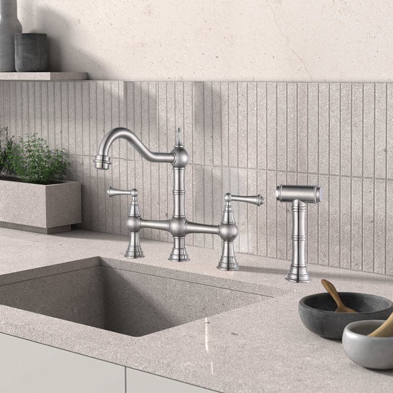 Side Spray Kitchen Faucet, 4-Hole Faucet, 2-Handle Faucet, Vintage Country Kitchen Sink Faucet, Brushed Nickel