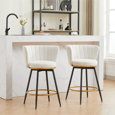 Ensemble de 2 tabourets de bar à hauteur de comptoir, tabourets de bar pivotants à 360 ° avec dossier et pieds en métal, tissu Mylen, repose-pieds