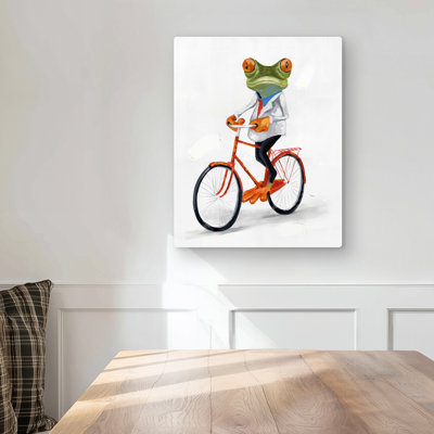 Funny Frog Riding a Bike - Orange Metal Print for Living Room