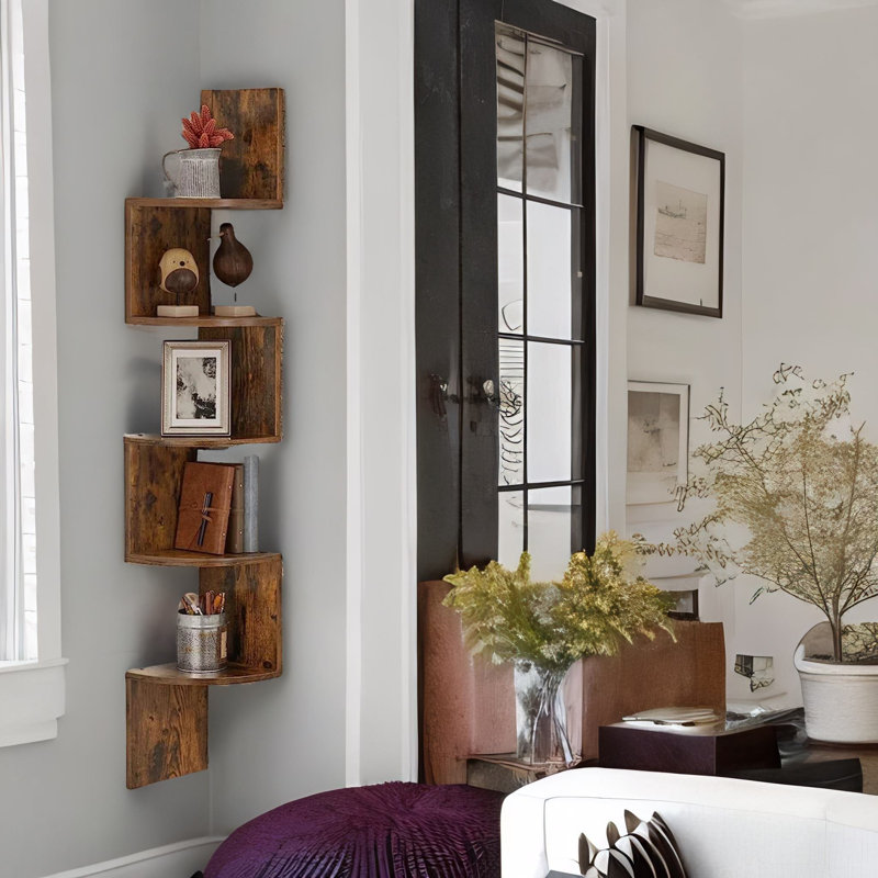 Mykya Rustic 5 Tier Floating Corner Shelf Industrial Rustic Brown Home Furniture