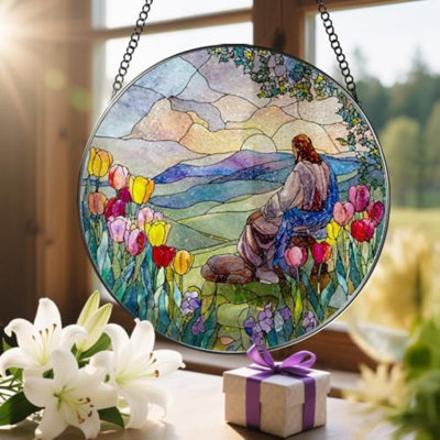 Stained Glass Suncatcher, Jesus And Sunrise Sun Catcher Ornament; Stained Glass Window Hanging, Christmas Ornament, Christian Home Decor; Baptism Gift, Christian Gifts, Religious Gifts