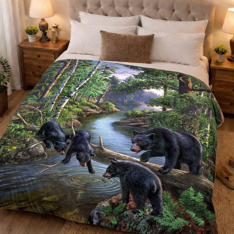 Soft Fleece Queen Blanket, Beautiful Bears, Plush Throw, Black Bears