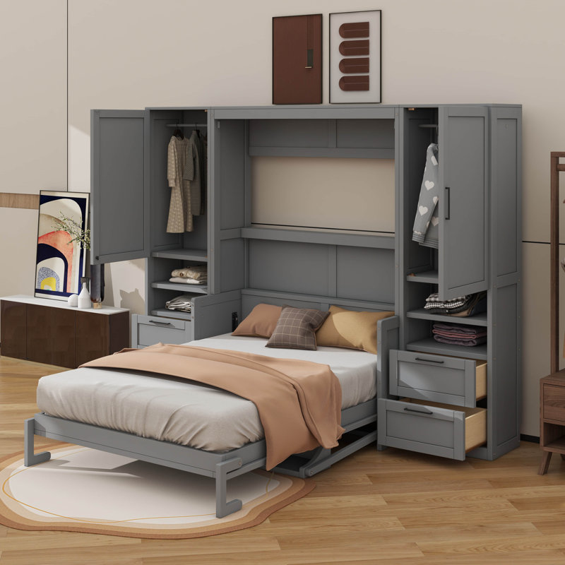 Lit escamotable Murphy avec armoire spacieuse, tiroirs et tablettes, Gris, Double