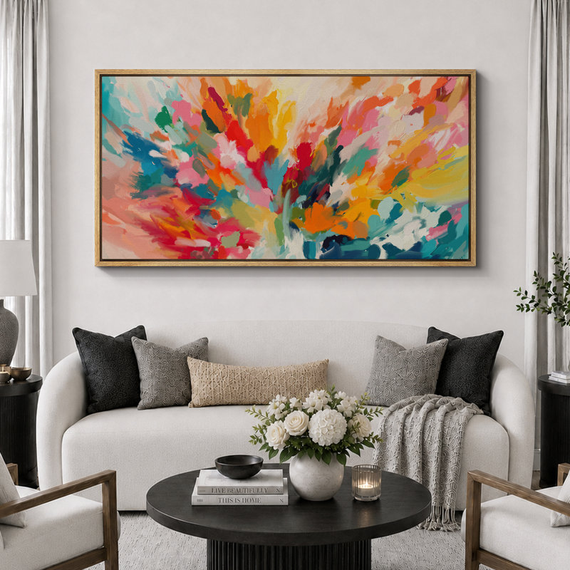 Colorful Burst Bright Abstract Living Room Decor Extra Large Pictures Framed Canvas Print Wall Art, 30" H x 60" W, Natural