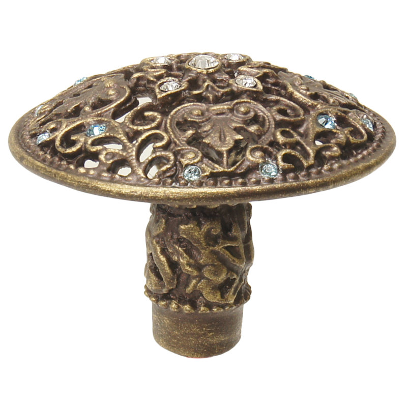 Juliane Grace large knob with 17 Swarovski Clear& Aquamarine Crystalsin Antique Brass, Antique Brass