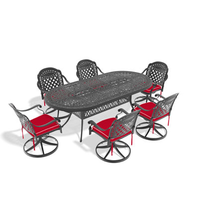 Ensemble repas d'extérieur 7 pièces rectangulaire en fonte d'aluminium avec chaises pivotantes, coussins et trou pour parasol