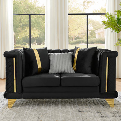 Luxury Velvet 3 Seater Sofa With Gold Stainless Steel Trims And Embroidered Texture, Mid Century Modern Tufted Couch For Elegant Living Rooms