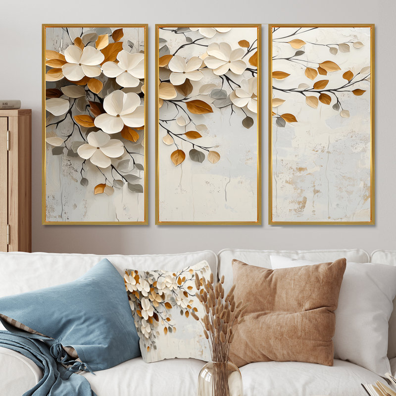 Fleurs de cerisier blanc orange et botanique II - ensemble d'art mural fleurs de cerisier, Toile avec cadre flottant or