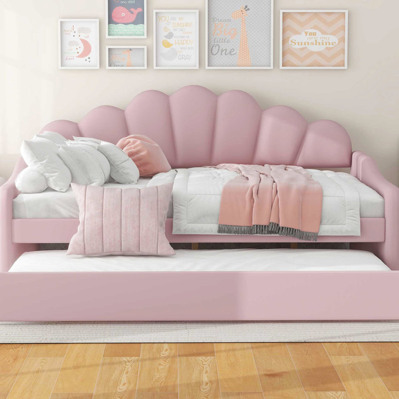 Full Size Daybed With Thick Padding In Pink And Convenient Trundle - Comfortable Stylish Upholstered Frame Practical, Pink