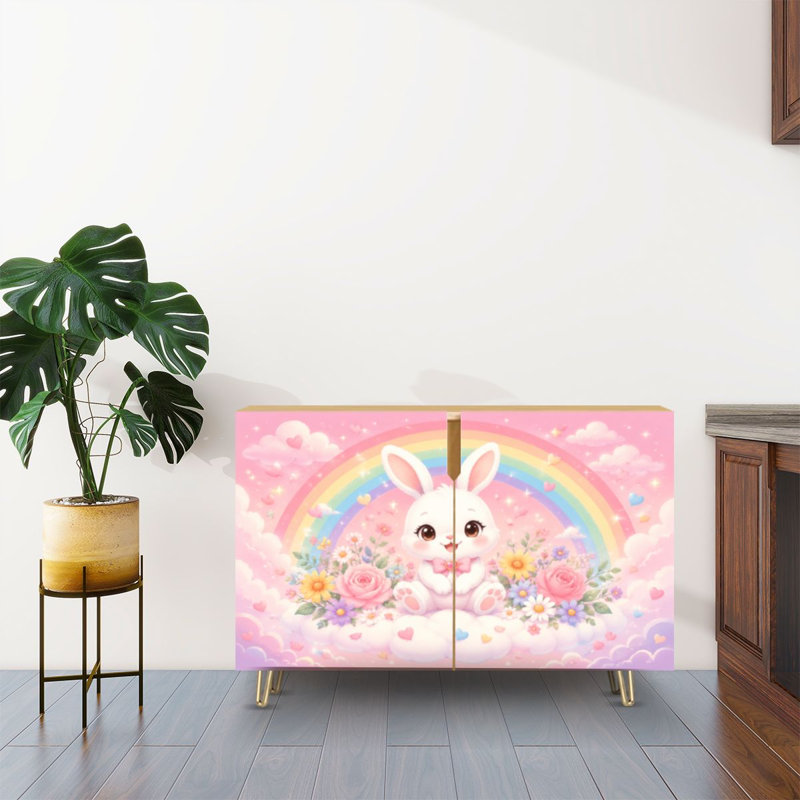Buffet buffet avec rangement Mignon lapin arc-en-ciel fleurs de jardin avec 2 portes pour le salon et la cuisine
