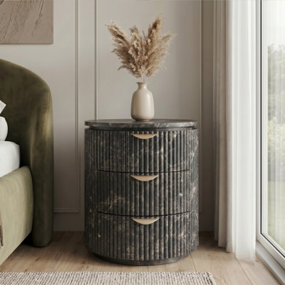 Modern Black Marble Fluted Cylindrical 3-Drawer Nightstand