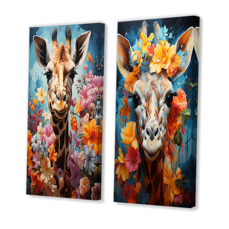 «Cute Floral Giraffe Happiness», ensemble de 2 impressions sur toile girafe, Toile tendue, H 28 po x l 25 po