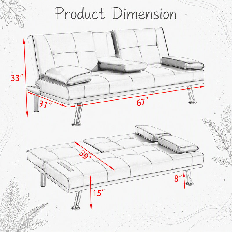 67-inch Orange Leather Multifunctional Double Folding Sofa Bed with Coffee Table for Office Use