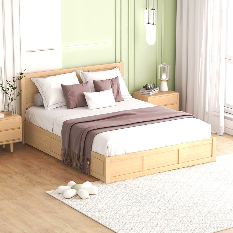 Grand lit plateforme en bois avec rangement inférieur et 2 tiroirs