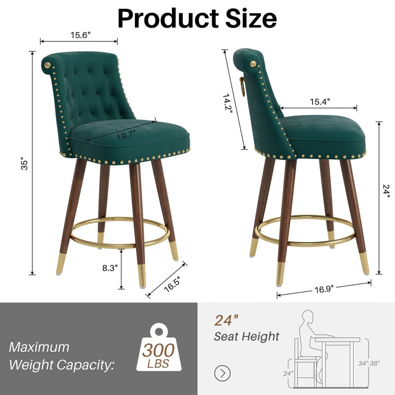 Green Velvet Upholstered Swivel Counter Stools with Wood Legs, 24" Set of 2