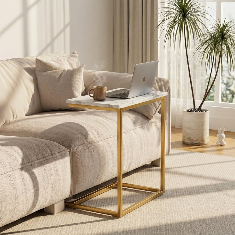 Table de bout en C Gilsum, avec plateau en bois massif et base en acier, H 27,2 po x l 20,5 po x P 12,6 po