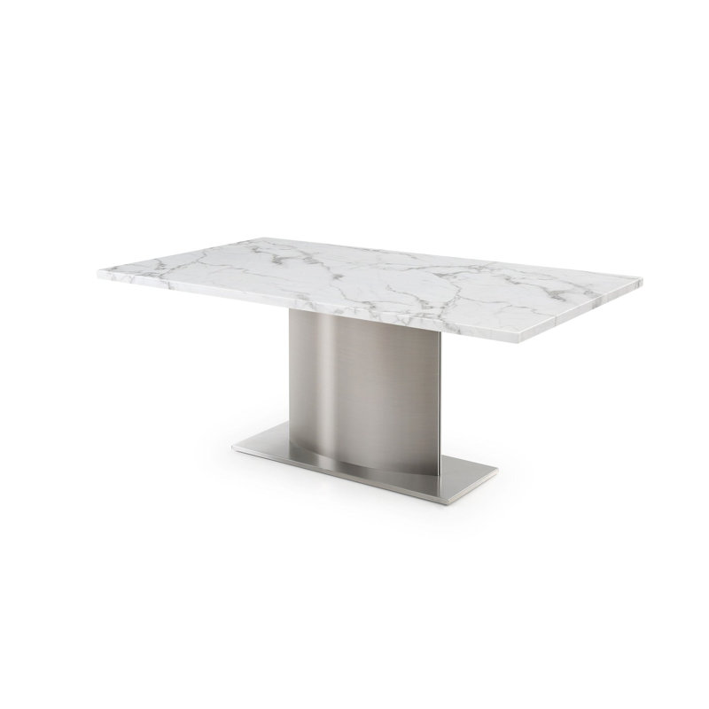 Table de salle à manger de 72 po à base de piédestal en acier inoxydable gris et blanc