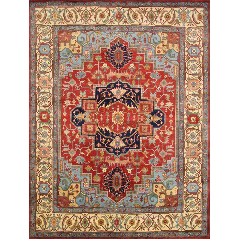 Tapis oriental en laine noué à la main Serapi de couleur rouille / ivoire / crème, Rectangle 9 pi 10 po x 13 pi 9 po