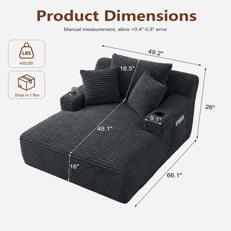 67" Oversized Cloud Corduroy Sleeper Sofa With Side Book Pocket And Armrest Cup Holder, Gray