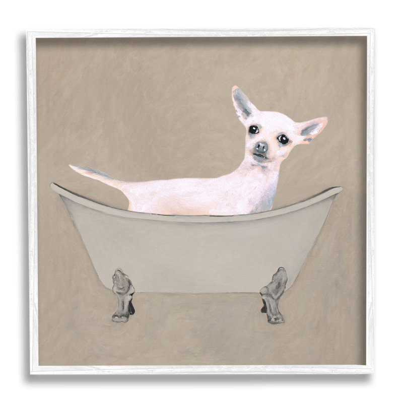 Baignoire Chihuahua, L 12 po x H 12 po, Estampe numérique encadrée blanc bord de mer