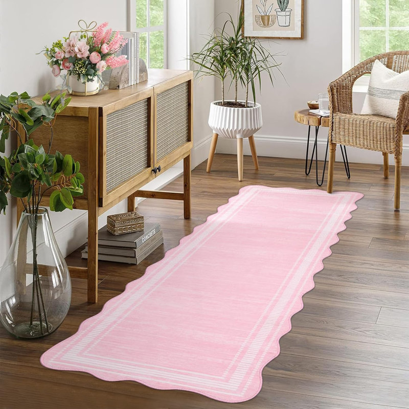 Tapis lavable moderne festonné pour salon, chambre à coucher, bureau, Rose, Tapis de couloir 2 pi x 6 pi
