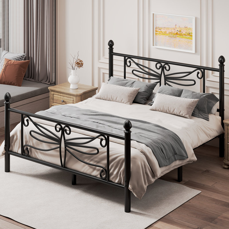 Queen Elegant Metal Platform Bed with Dragonfly Headboard and Footboard, Sturdy and Stable Structure & Under-bed Storage, Easy Assembly, Black