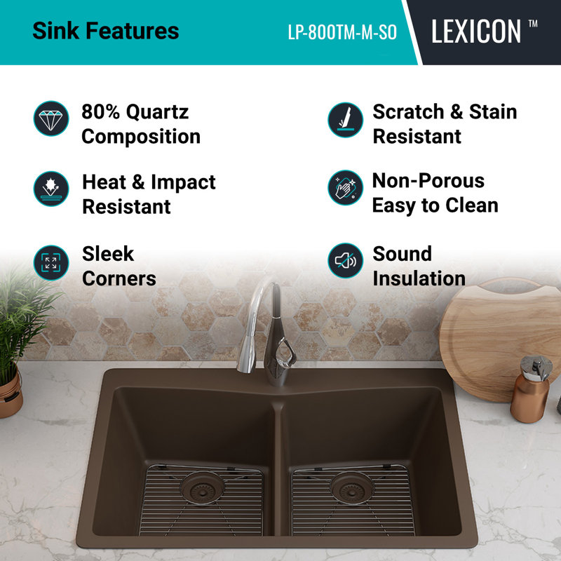 33" x 22" Platinum Quartz Kitchen Sink, Double Bowl Sink, Drop-in Sink, Undermount Sink, Granite Kitchen Sink, Mocha