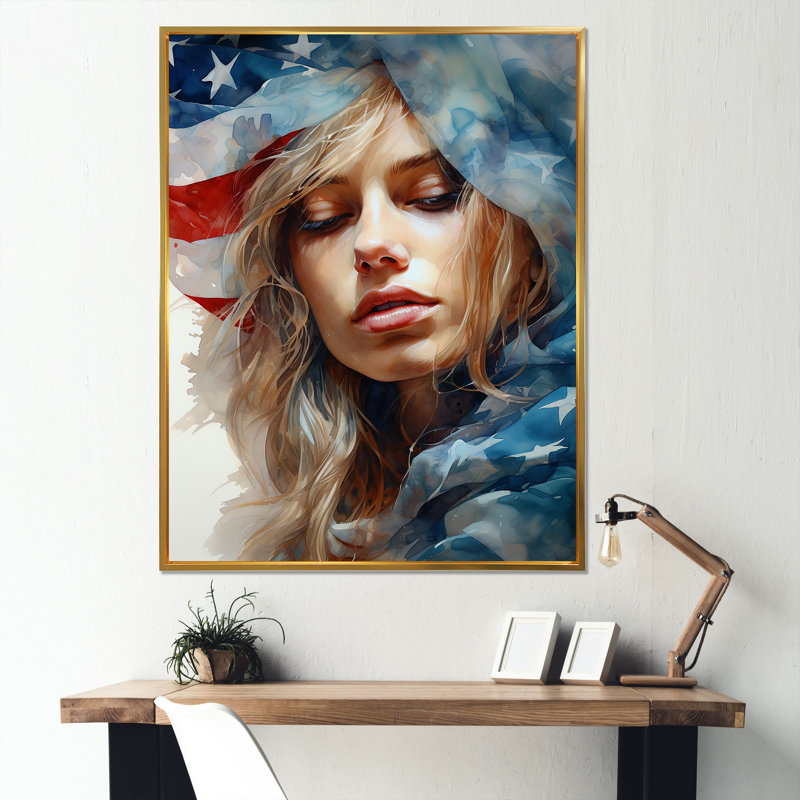 Drapeau américain «American Spirit Woman», Cadre doré simple, H 44 po x l 34 po x P 1,5 po