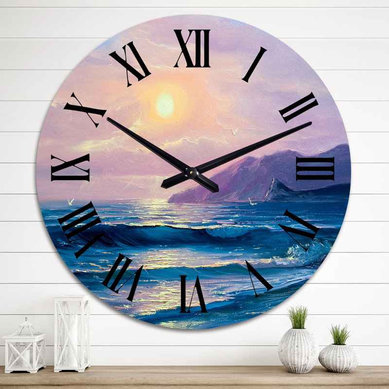 Coucher de soleil au-dessus de l'océan bleu foncé - horloge murale nautique et côtière, Moyen