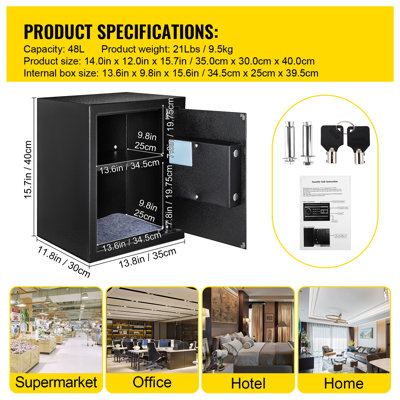 Coffre-fort de 1,7 pi³ (48 L) avec empreinte digitale, 2 clés et clavier numérique, en acier Q235, idéal pour ranger argent liquide, montres, bijoux, pistolets et documents à la maison, au bureau ou à l'hôtel.